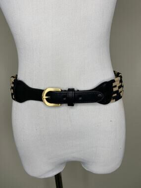 Braided Cotton Black Tan Belt Black Faux leather Gold  Buckle Small? 34" long